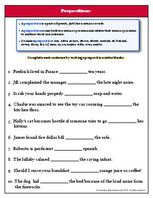 Preview image for worksheet with title Prepositions