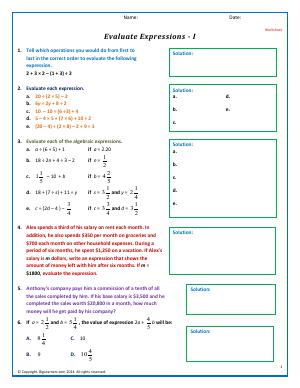 Preview image for worksheet with title Evaluate Expressions - I