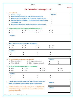 Preview image for worksheet with title Introduction to Integers - I