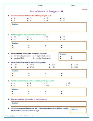 Preview image for worksheet with title Introduction to Integers - II