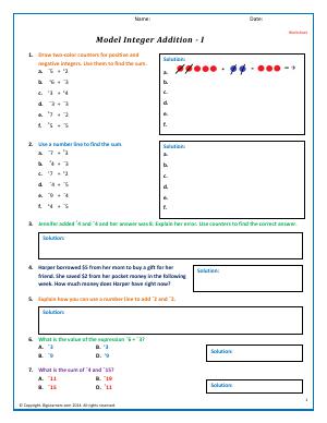 Preview image for worksheet with title Model Integer Addition - I