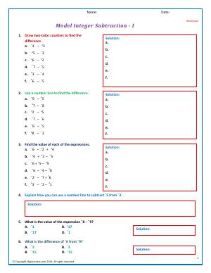 Preview image for worksheet with title Model Integer Subtraction - I