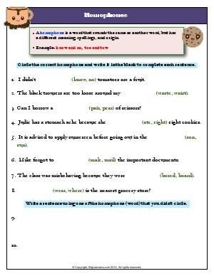 Preview image for worksheet with title Homophones