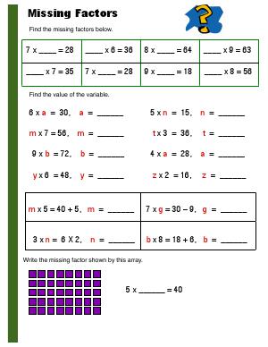 Preview image for worksheet with title Missing Factors