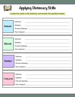 Preview image for worksheet with title Applying Dictionary Skills # 2