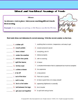 Preview image for worksheet with title Literal and Non-Literal Meanings of Words (Idioms)