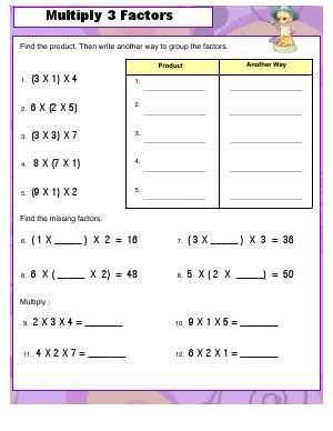 Preview image for worksheet with title Multiplying 3 Factors