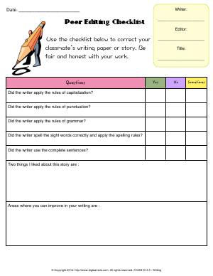 Preview image for worksheet with title Peer Editing Checklist