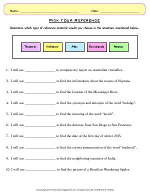 Preview image for worksheet with title Pick Your Reference