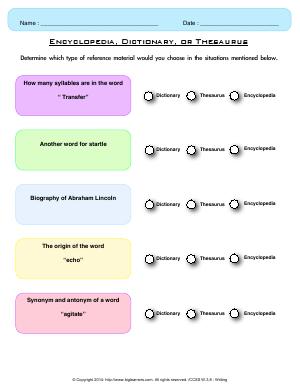 Preview image for worksheet with title Encyclopedia, Dictionary, or Thesaurus