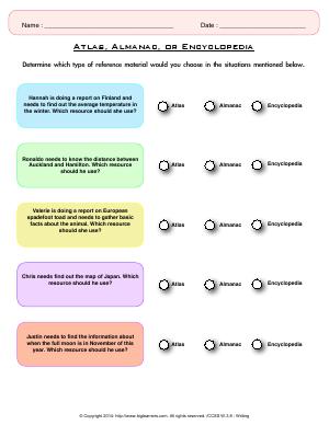 Preview image for worksheet with title Atlas, Almanac, or Encyclopedia