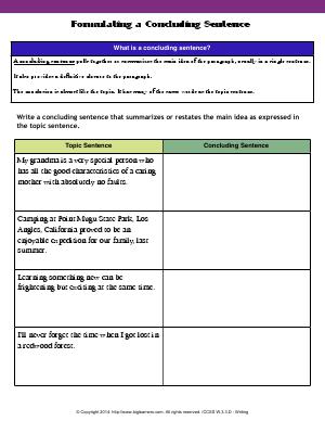 Preview image for worksheet with title Formulating a Concluding Sentence
