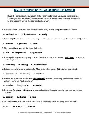Preview image for worksheet with title Synonyms and Antonyms as Context Clues