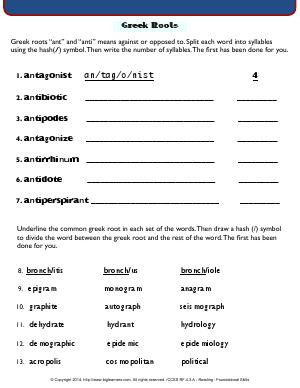 Preview image for worksheet with title Greek Roots