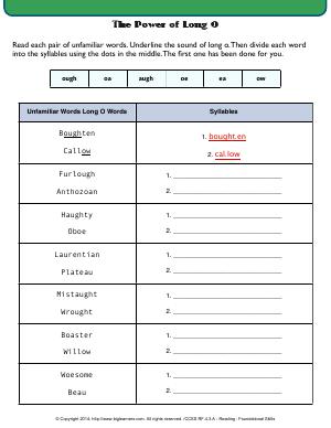 Preview image for worksheet with title The Power of Long O