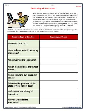 Preview image for worksheet with title Searching the Internet