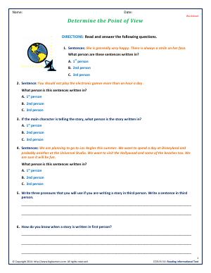 Preview image for worksheet with title Determine the Point of View