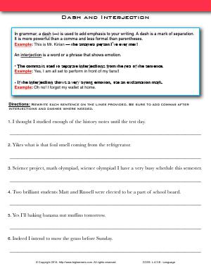 Preview image for worksheet with title Dash and Interjection