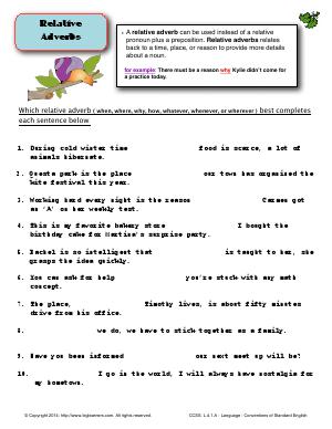 Preview image for worksheet with title Relative Adverbs