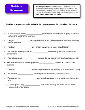 Preview image for worksheet with title Relative Pronouns