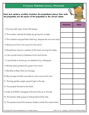 Preview image for worksheet with title Finding Prepositional Phrases