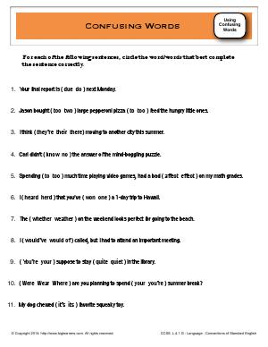 Preview image for worksheet with title Confusing Words