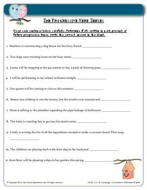 Preview image for worksheet with title The Progressive Verb Tenses