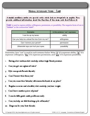 Preview image for worksheet with title Modal Auxiliary Verb : Can