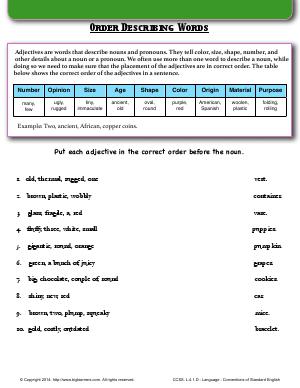 Preview image for worksheet with title Order Describing Words