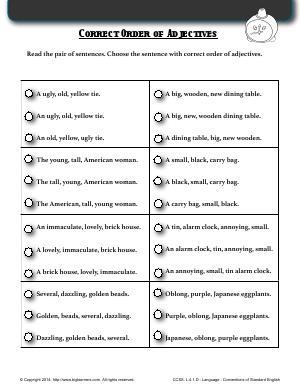 Preview image for worksheet with title Correct Order of Adjectives