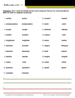 Preview image for worksheet with title Spelling List - 1