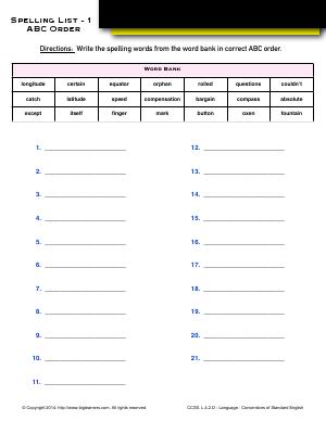 Preview image for worksheet with title Spelling List - 1 : ABC Order