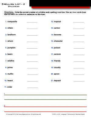 Preview image for worksheet with title Spelling List - 2 : Syllables