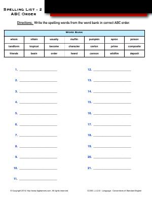 Preview image for worksheet with title Spelling List - 2 : ABC Order