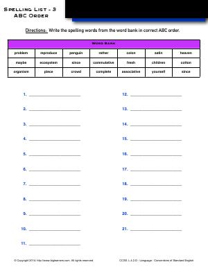Preview image for worksheet with title Spelling List - 3 : ABC Order