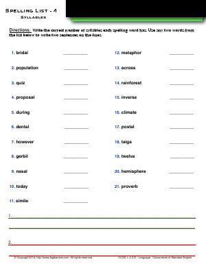 Preview image for worksheet with title Spelling List - 4 :  Syllables