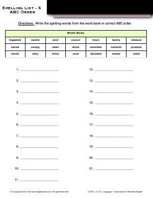 Preview image for worksheet with title Spelling List - 5 : ABC Order