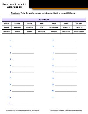 Preview image for worksheet with title Spelling List - 11 : ABC Order