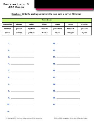Preview image for worksheet with title Spelling List - 13 : ABC Order