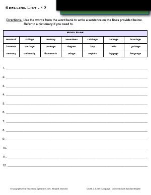 Preview image for worksheet with title Spelling List - 17