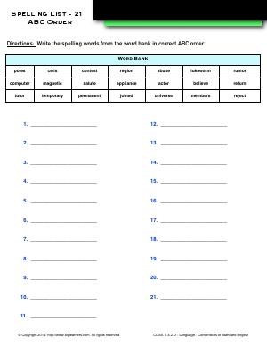 Preview image for worksheet with title Spelling List - 21 : ABC Order