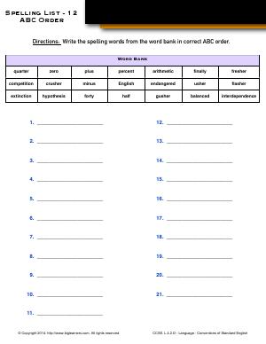 Preview image for worksheet with title Spelling List - 12 : ABC Order