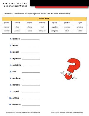 Preview image for worksheet with title Spelling List - 22 : Unscramble Words