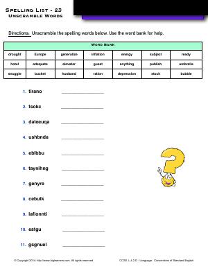 Preview image for worksheet with title Spelling List - 23 : Unscramble Words