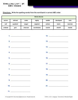 Preview image for worksheet with title Spelling List - 24 : ABC Order