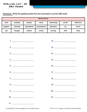 Preview image for worksheet with title Spelling List - 25 : ABC Order