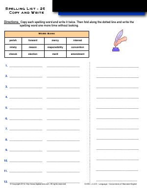 Preview image for worksheet with title Spelling List - 26 : Copy and Write