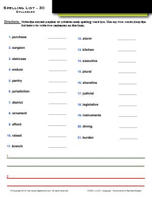 Preview image for worksheet with title Spelling List - 30 : Syllables