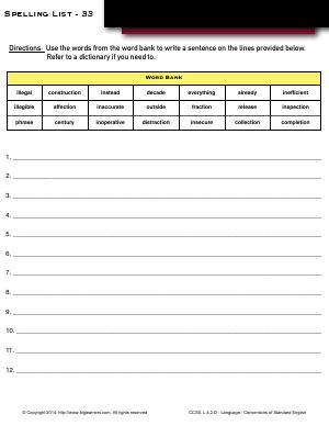 Preview image for worksheet with title Spelling List - 33