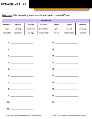 Preview image for worksheet with title Spelling List - 36